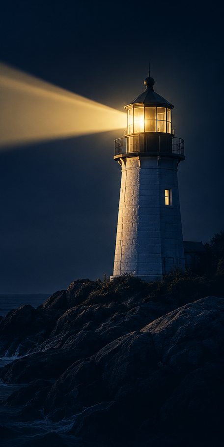 Lighthouse on a rocky coastline at night, beam illuminated